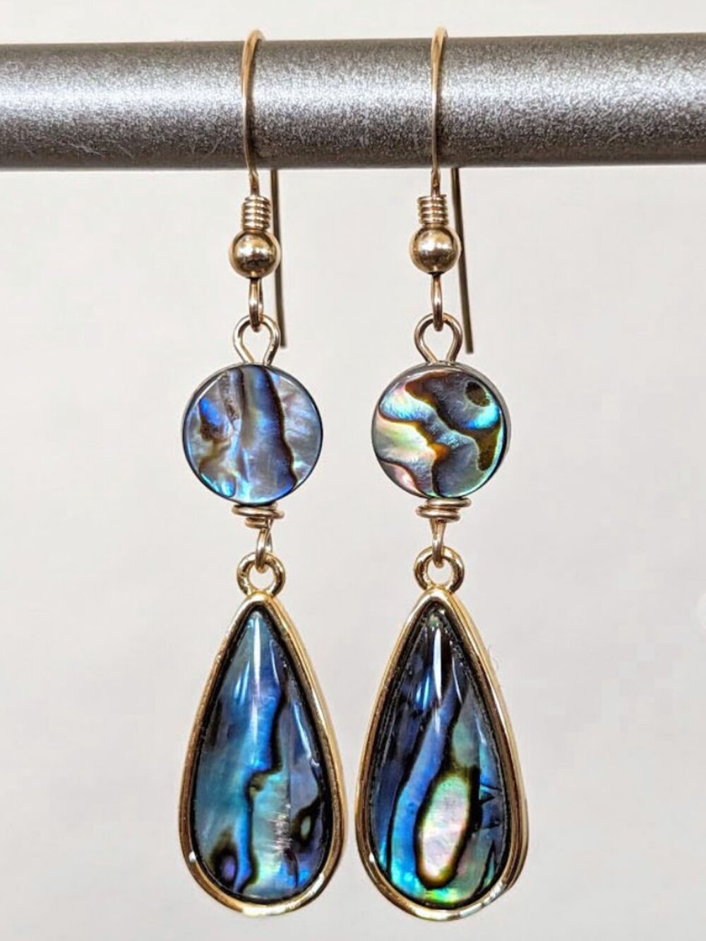 14K Gold Filled Royal Blue & Teal Green Abalone Shell Dangle Earrings